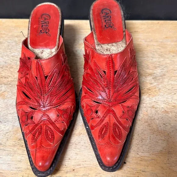 Carlos Red Cowboy Boots Size 6 Tanned Tooled Mule Clogs - Picture 5 of 9